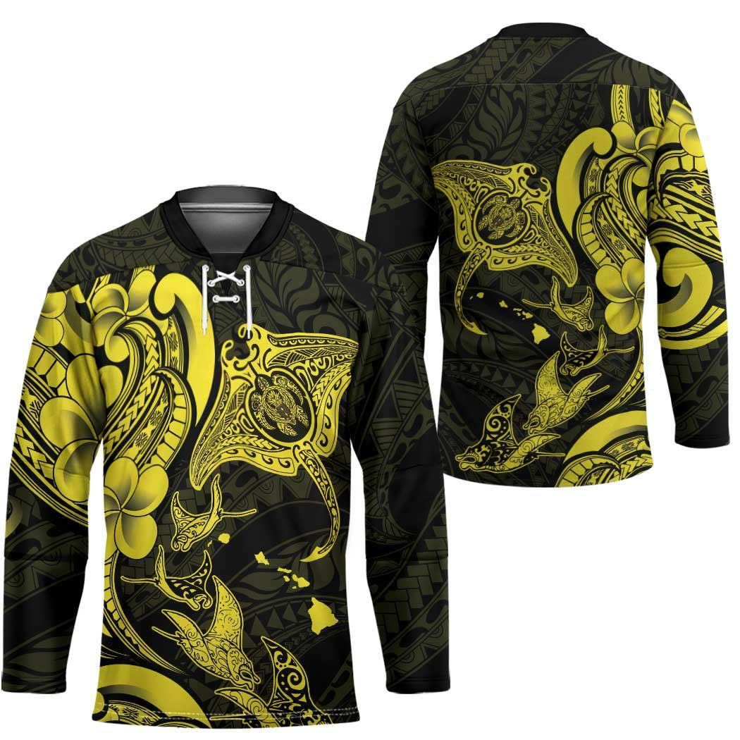 Hawaiian Manta Rays Hockey Jersey Tribal Hibiscus Polynesian Tattoos Yellow Color - Polynesian Pride