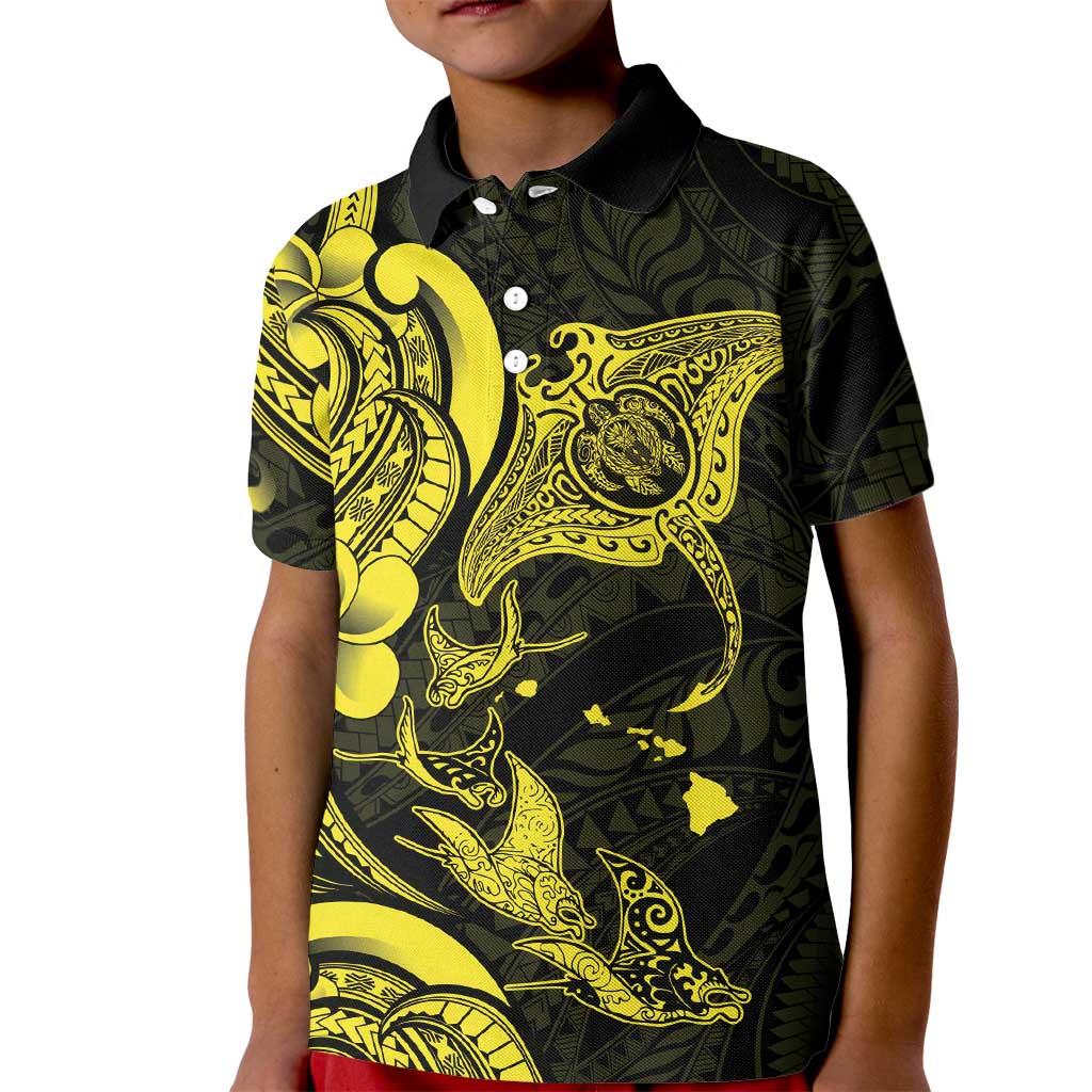 Hawaiian Manta Rays Kid Polo Shirt Tribal Hibiscus Polynesian Tattoos Yellow Color - Polynesian Pride