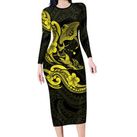 Hawaiian Manta Rays Long Sleeve Bodycon Dress Tribal Hibiscus Polynesian Tattoos Yellow Color - Polynesian Pride