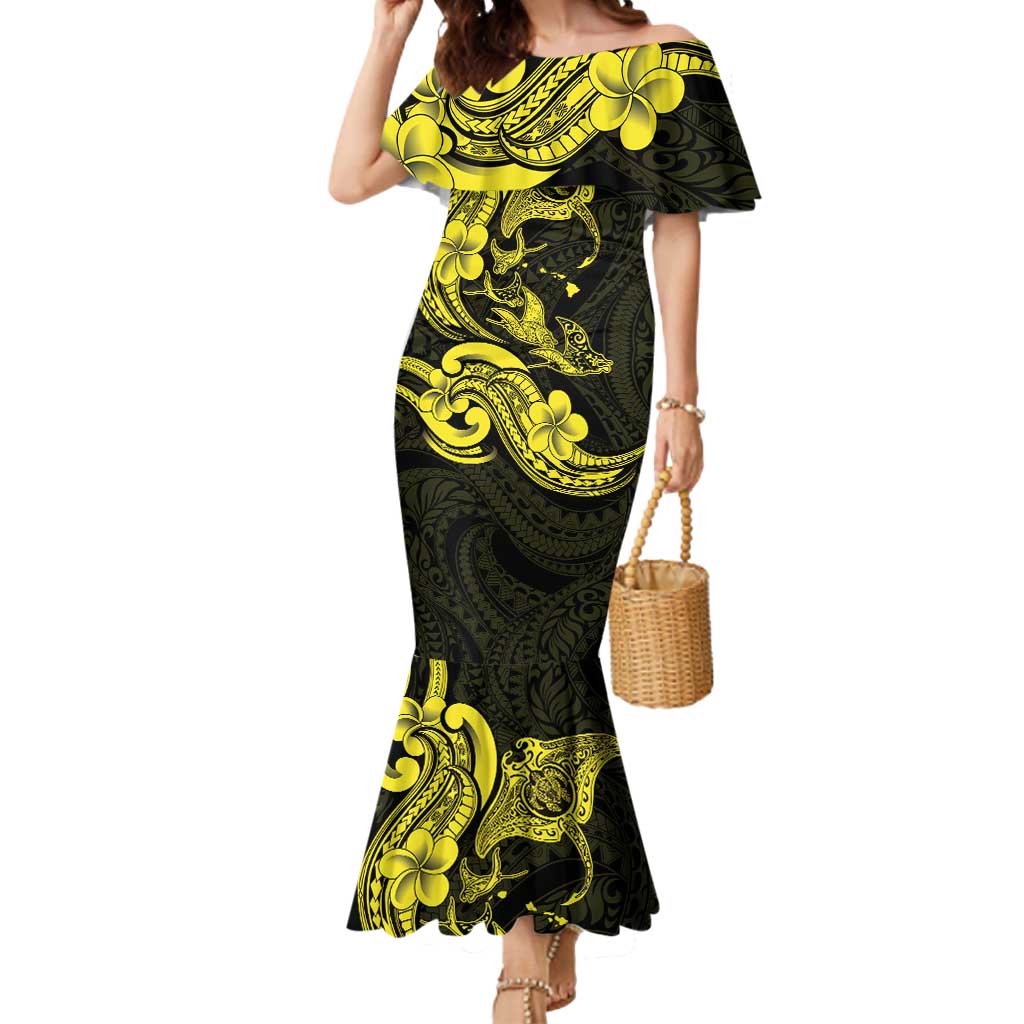 Hawaiian Manta Rays Mermaid Dress Tribal Hibiscus Polynesian Tattoos Yellow Color - Polynesian Pride
