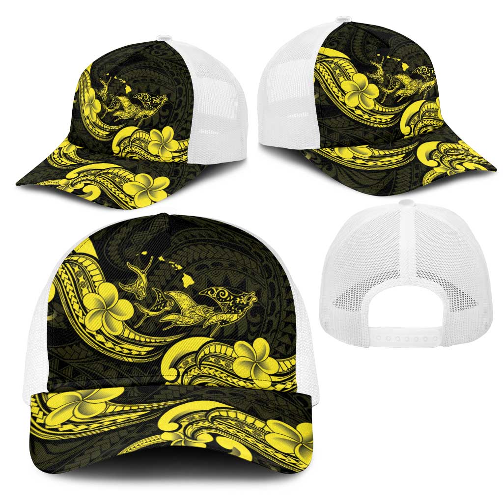 Hawaiian Manta Rays Mesh Trucker Cap Tribal Hibiscus Polynesian Tattoos Yellow Color LT03 - Polynesian Pride