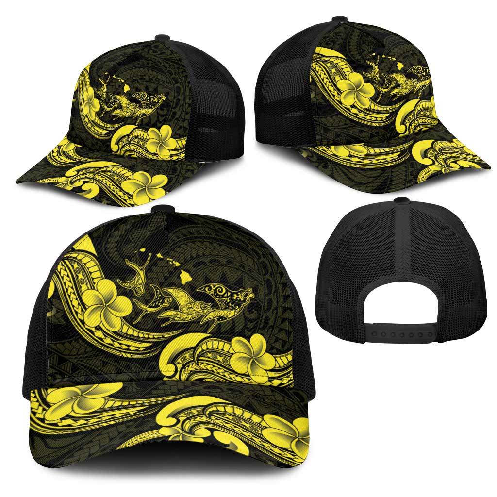 Hawaiian Manta Rays Mesh Trucker Cap Tribal Hibiscus Polynesian Tattoos Yellow Color LT03 - Polynesian Pride