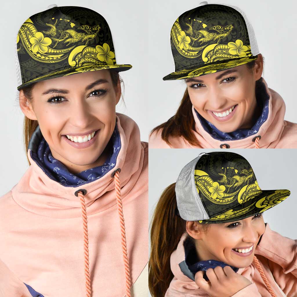 Hawaiian Manta Rays Mesh Trucker Cap Tribal Hibiscus Polynesian Tattoos Yellow Color LT03 - Polynesian Pride