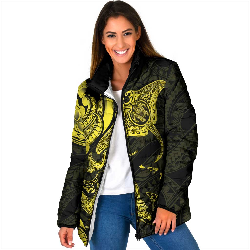 Hawaiian Manta Rays Padded Jacket Tribal Hibiscus Polynesian Tattoos Yellow Color LT03 Women Yellow - Polynesian Pride