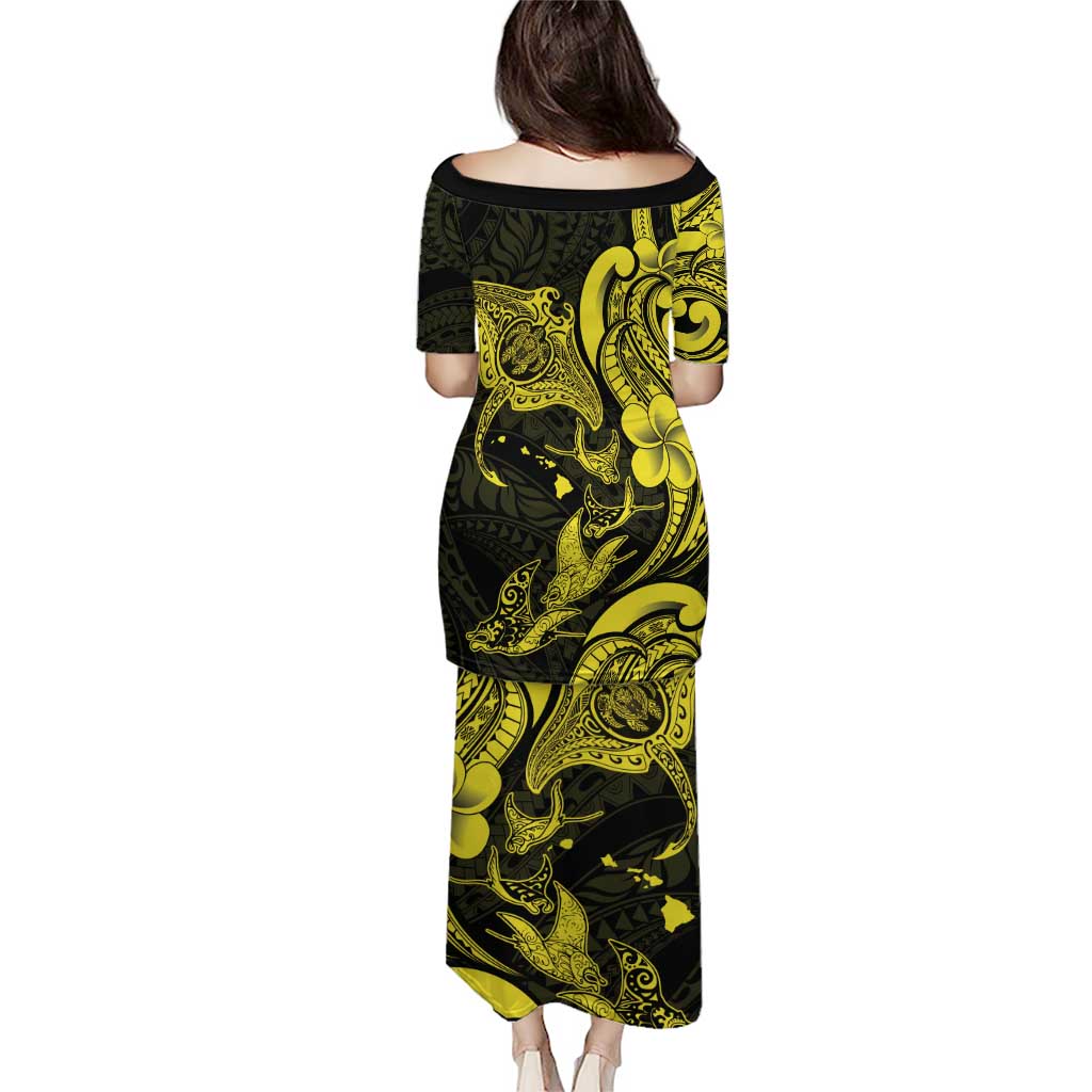Hawaiian Manta Rays Puletasi Tribal Hibiscus Polynesian Tattoos Yellow Color - Polynesian Pride
