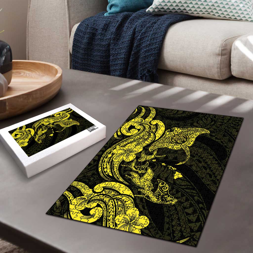 Hawaiian Manta Rays Puzzle Tribal Hibiscus Polynesian Tattoos Yellow Color LT03 - Polynesian Pride