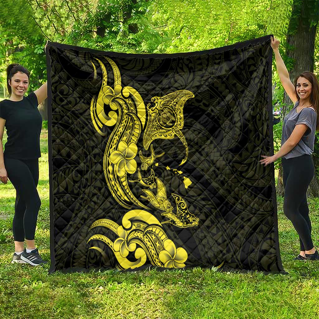 Hawaiian Manta Rays Quilt Tribal Hibiscus Polynesian Tattoos Yellow Color LT03 - Polynesian Pride