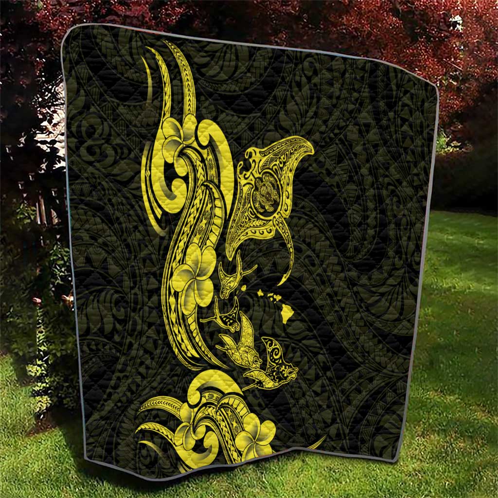 Hawaiian Manta Rays Quilt Tribal Hibiscus Polynesian Tattoos Yellow Color LT03 - Polynesian Pride