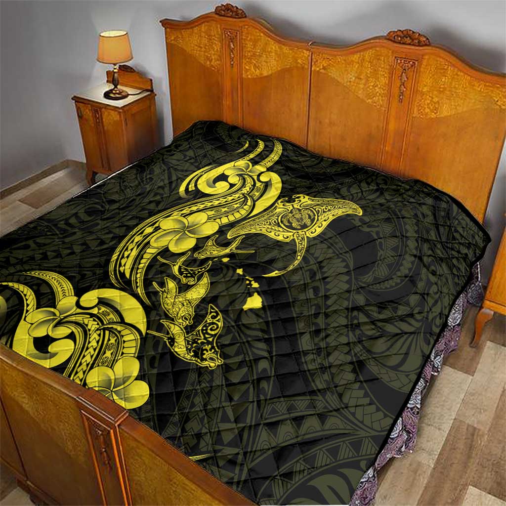 Hawaiian Manta Rays Quilt Tribal Hibiscus Polynesian Tattoos Yellow Color LT03 - Polynesian Pride