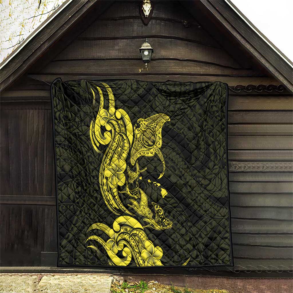 Hawaiian Manta Rays Quilt Tribal Hibiscus Polynesian Tattoos Yellow Color LT03 - Polynesian Pride