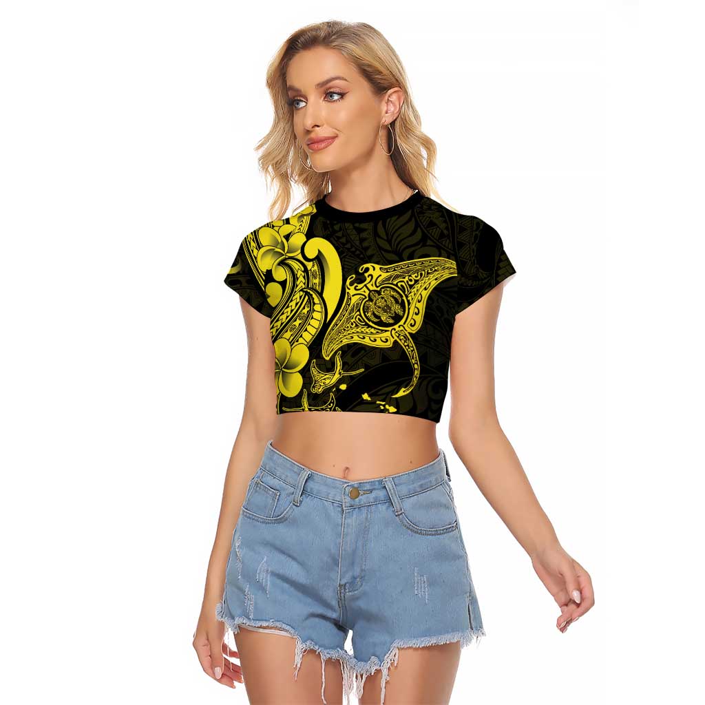 Hawaiian Manta Rays Raglan Cropped T Shirt Tribal Hibiscus Polynesian Tattoos Yellow Color - Polynesian Pride