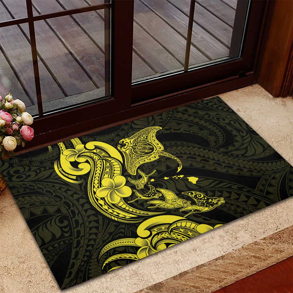Hawaiian Manta Rays Rubber Doormat Tribal Hibiscus Polynesian Tattoos Yellow Color - Polynesian Pride