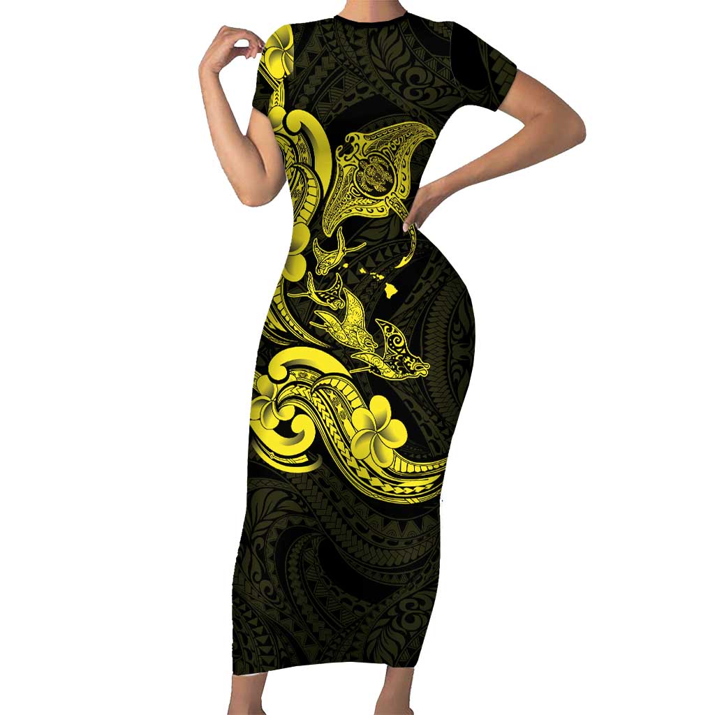 Hawaiian Manta Rays Short Sleeve Bodycon Dress Tribal Hibiscus Polynesian Tattoos Yellow Color - Polynesian Pride