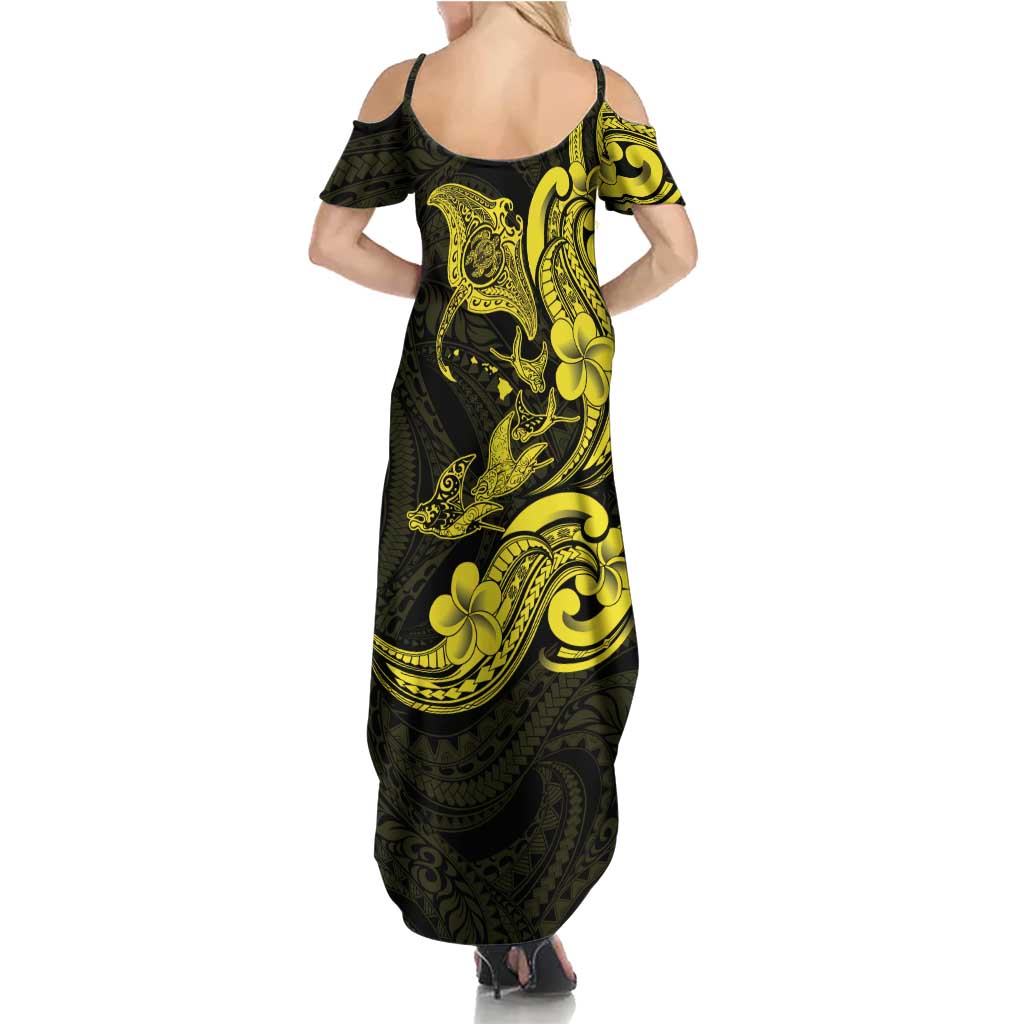 Hawaiian Manta Rays Summer Maxi Dress Tribal Hibiscus Polynesian Tattoos Yellow Color - Polynesian Pride