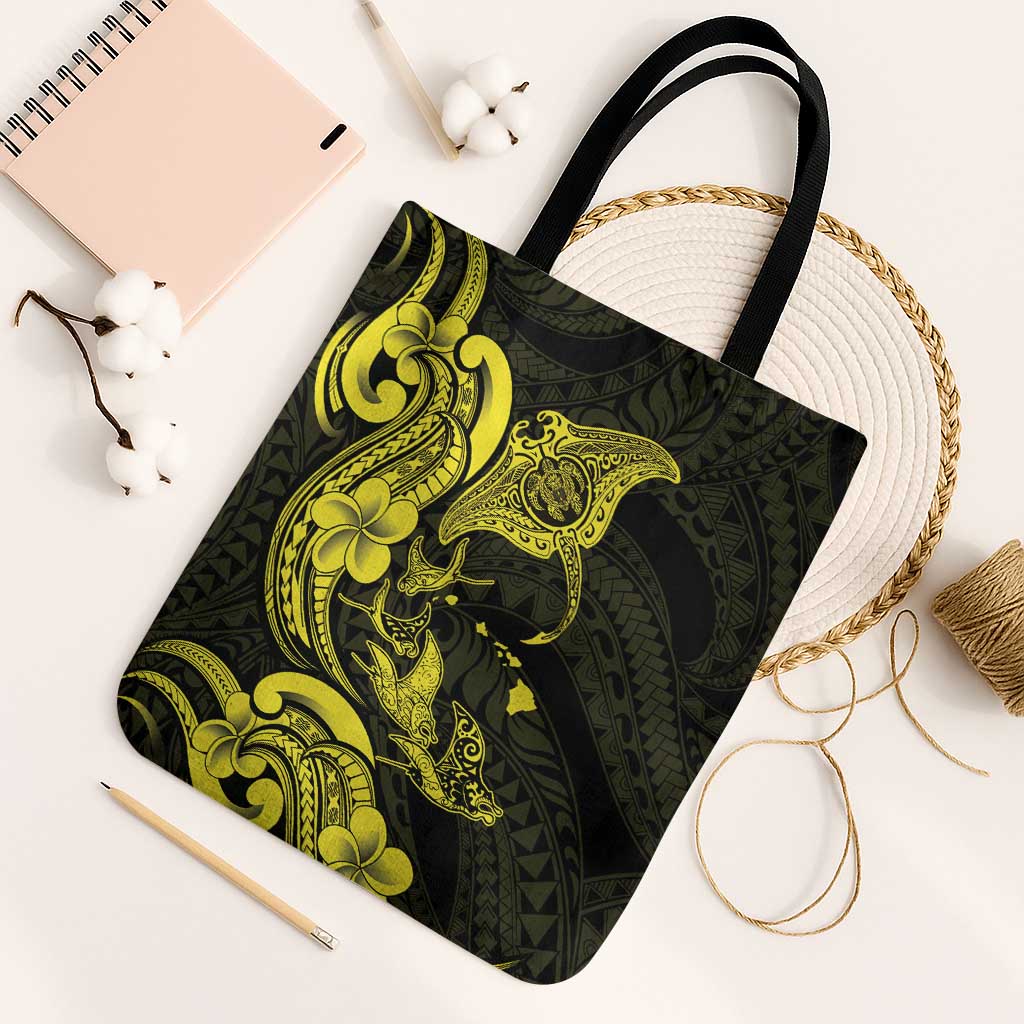 Hawaiian Manta Rays Tote Bag Tribal Hibiscus Polynesian Tattoos Yellow Color - Polynesian Pride