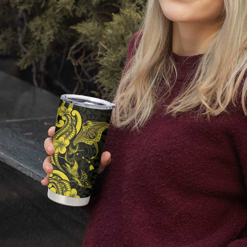 Hawaiian Manta Rays Tumbler Cup Tribal Hibiscus Polynesian Tattoos Yellow Color - Polynesian Pride