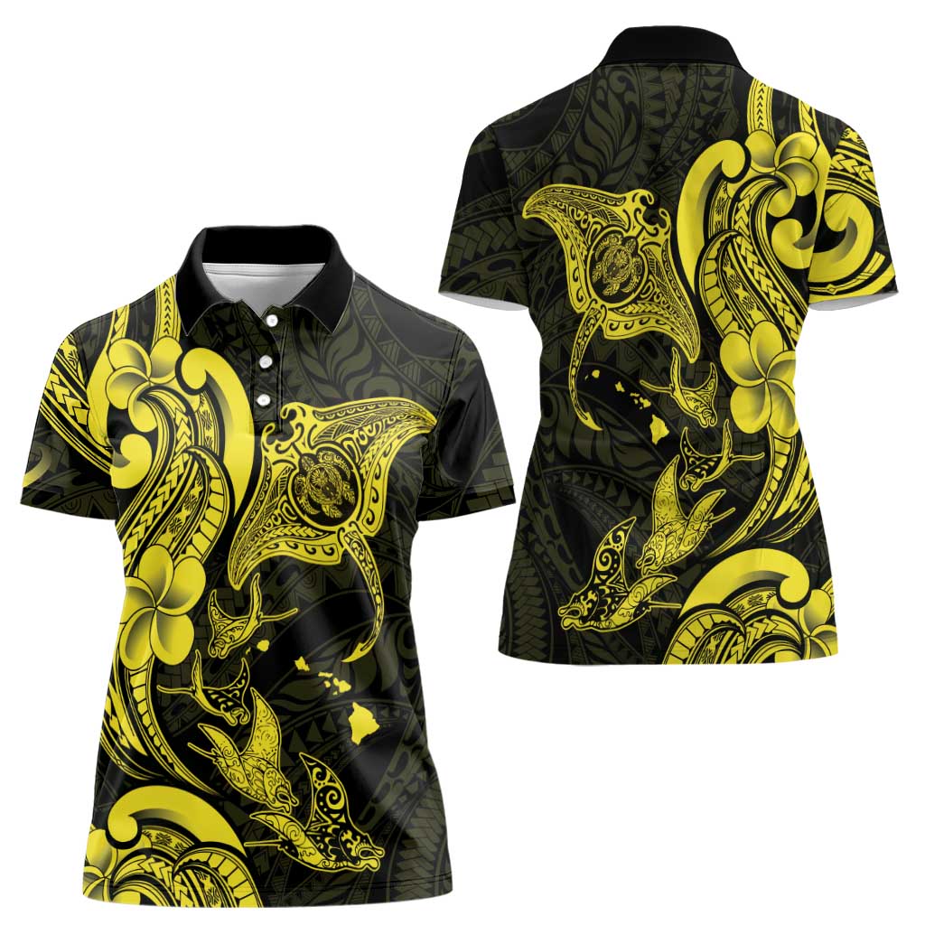 Hawaiian Manta Rays Women Polo Shirt Tribal Hibiscus Polynesian Tattoos Yellow Color - Polynesian Pride