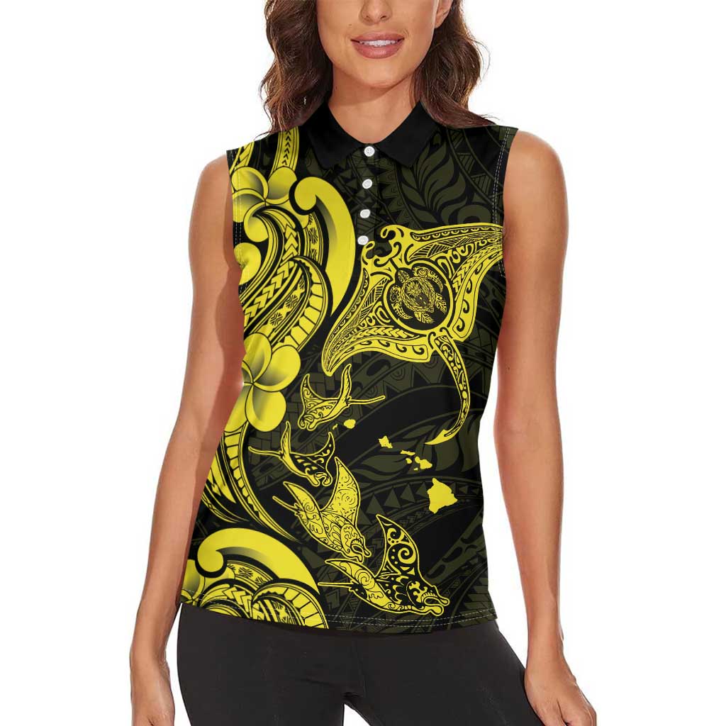 Hawaiian Manta Rays Women Sleeveless Polo Shirt Tribal Hibiscus Polynesian Tattoos Yellow Color LT03 - Polynesian Pride