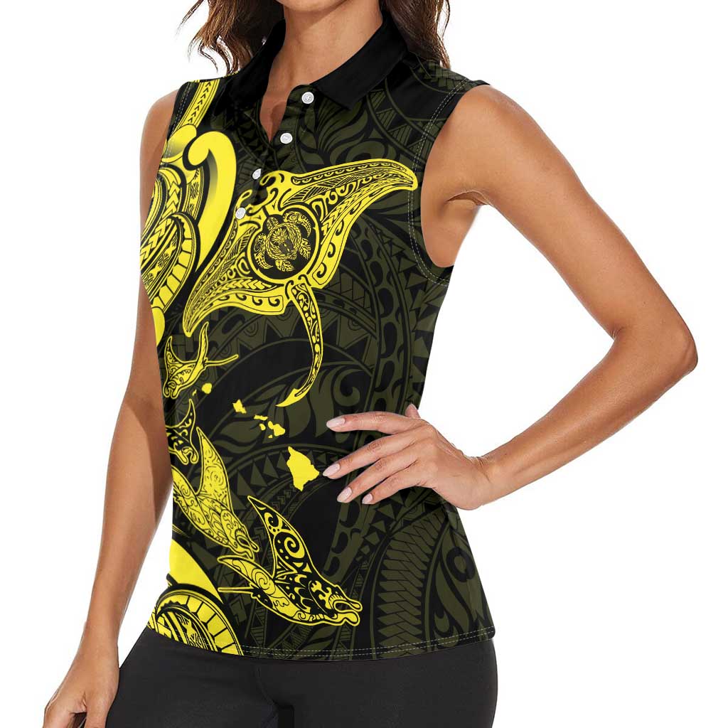 Hawaiian Manta Rays Women Sleeveless Polo Shirt Tribal Hibiscus Polynesian Tattoos Yellow Color LT03 - Polynesian Pride