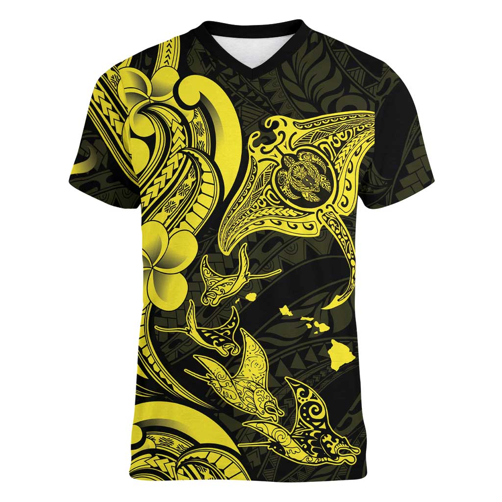 Hawaiian Manta Rays Women V-Neck T-Shirt Tribal Hibiscus Polynesian Tattoos Yellow Color - Polynesian Pride