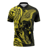 Hawaiian Manta Rays Zipper Polo Shirt Tribal Hibiscus Polynesian Tattoos Yellow Color - Polynesian Pride