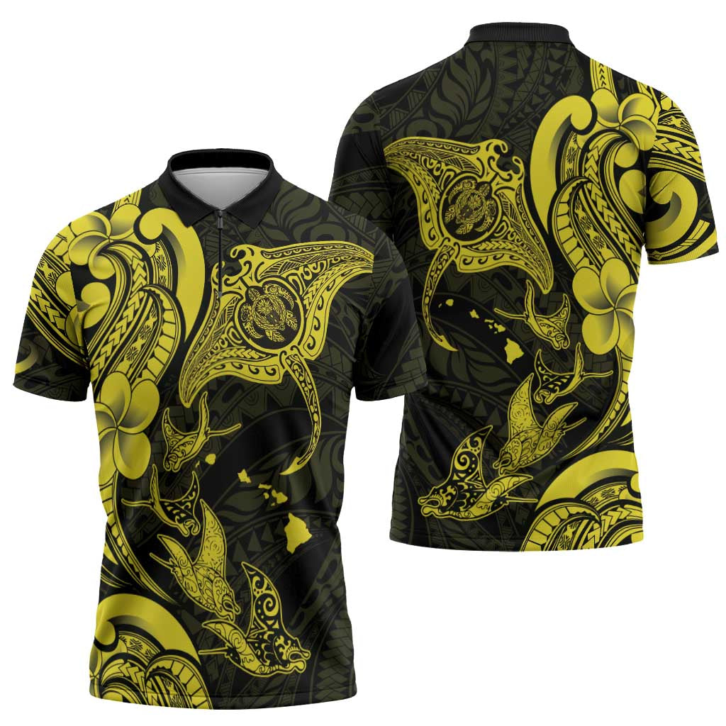 Hawaiian Manta Rays Zipper Polo Shirt Tribal Hibiscus Polynesian Tattoos Yellow Color - Polynesian Pride