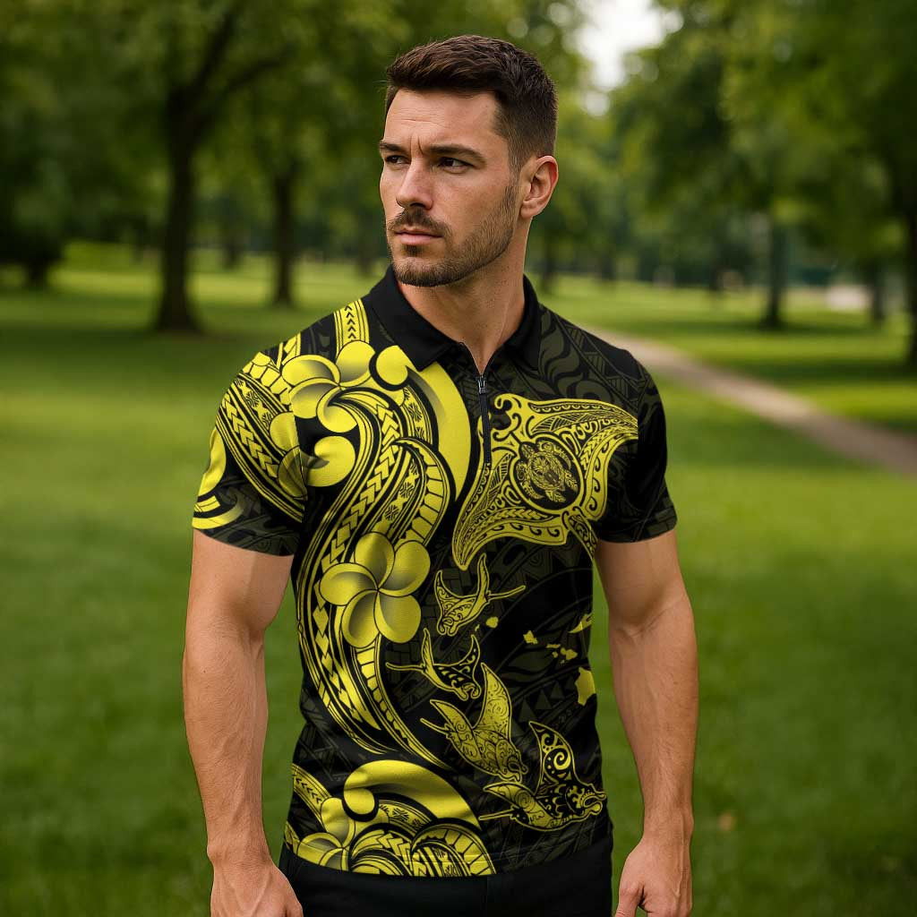 Hawaiian Manta Rays Zipper Polo Shirt Tribal Hibiscus Polynesian Tattoos Yellow Color - Polynesian Pride