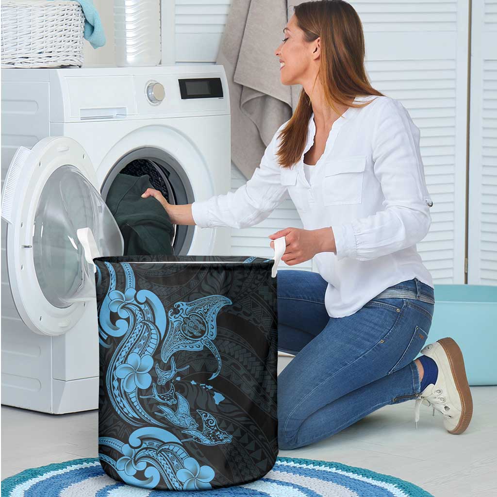 Hawaiian Manta Rays Laundry Basket Tribal Hibiscus Polynesian Tattoos Blue Color - Polynesian Pride