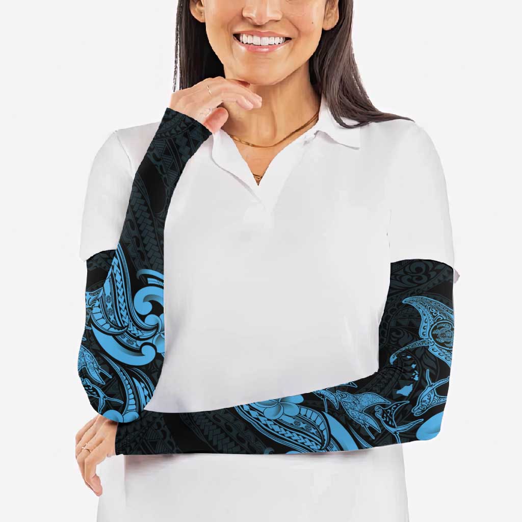 Hawaiian Manta Rays Arm Sleeves Tribal Hibiscus Polynesian Tattoos Blue Color - Polynesian Pride