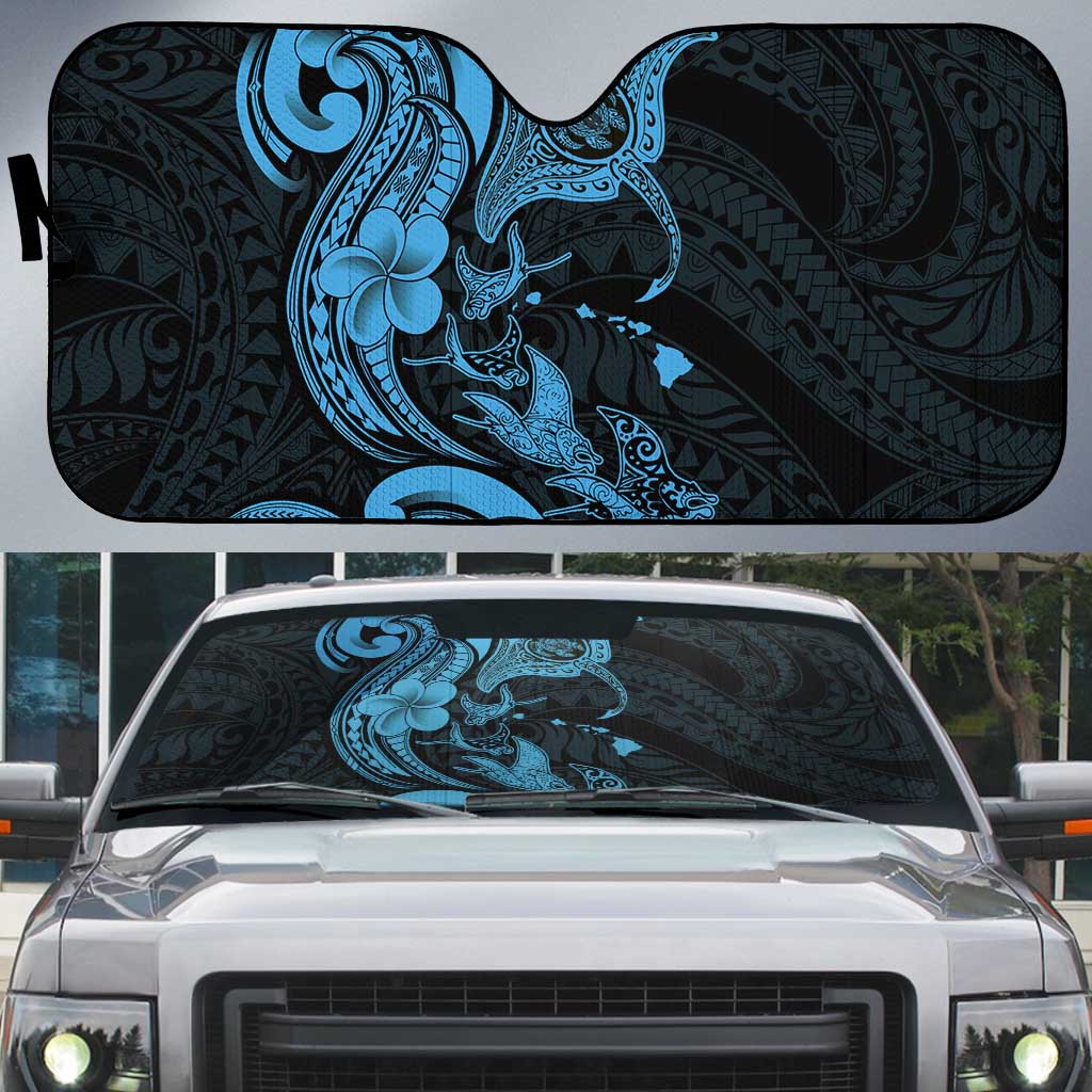 Hawaiian Manta Rays Auto Sun Shade Tribal Hibiscus Polynesian Tattoos Blue Color LT03 Blue - Polynesian Pride