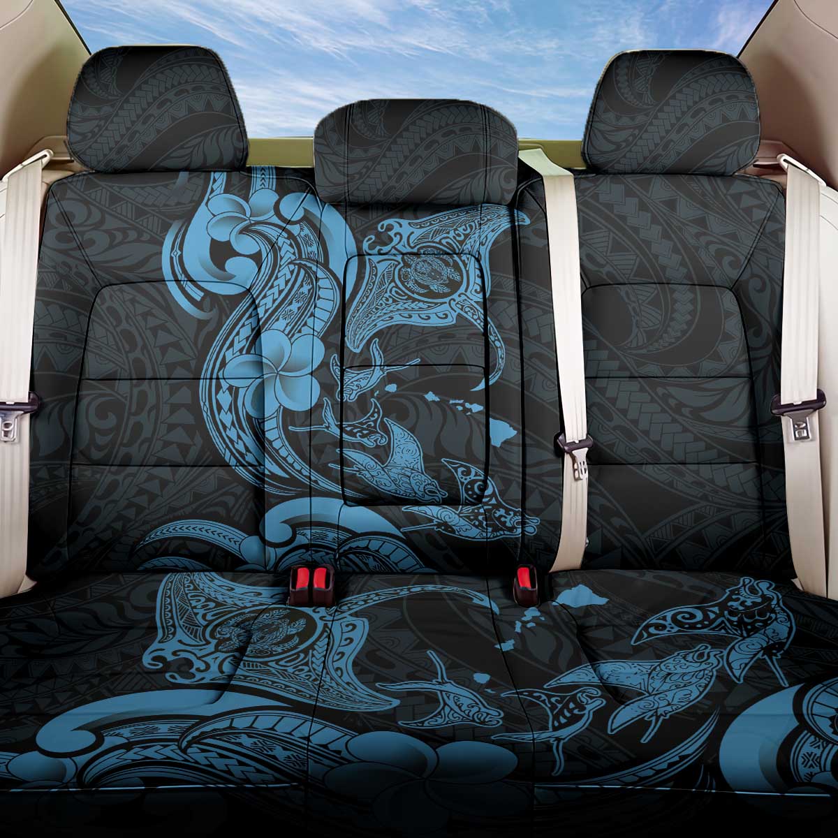 Hawaiian Manta Rays Back Car Seat Cover Tribal Hibiscus Polynesian Tattoos Blue Color LT03 One Size Blue - Polynesian Pride