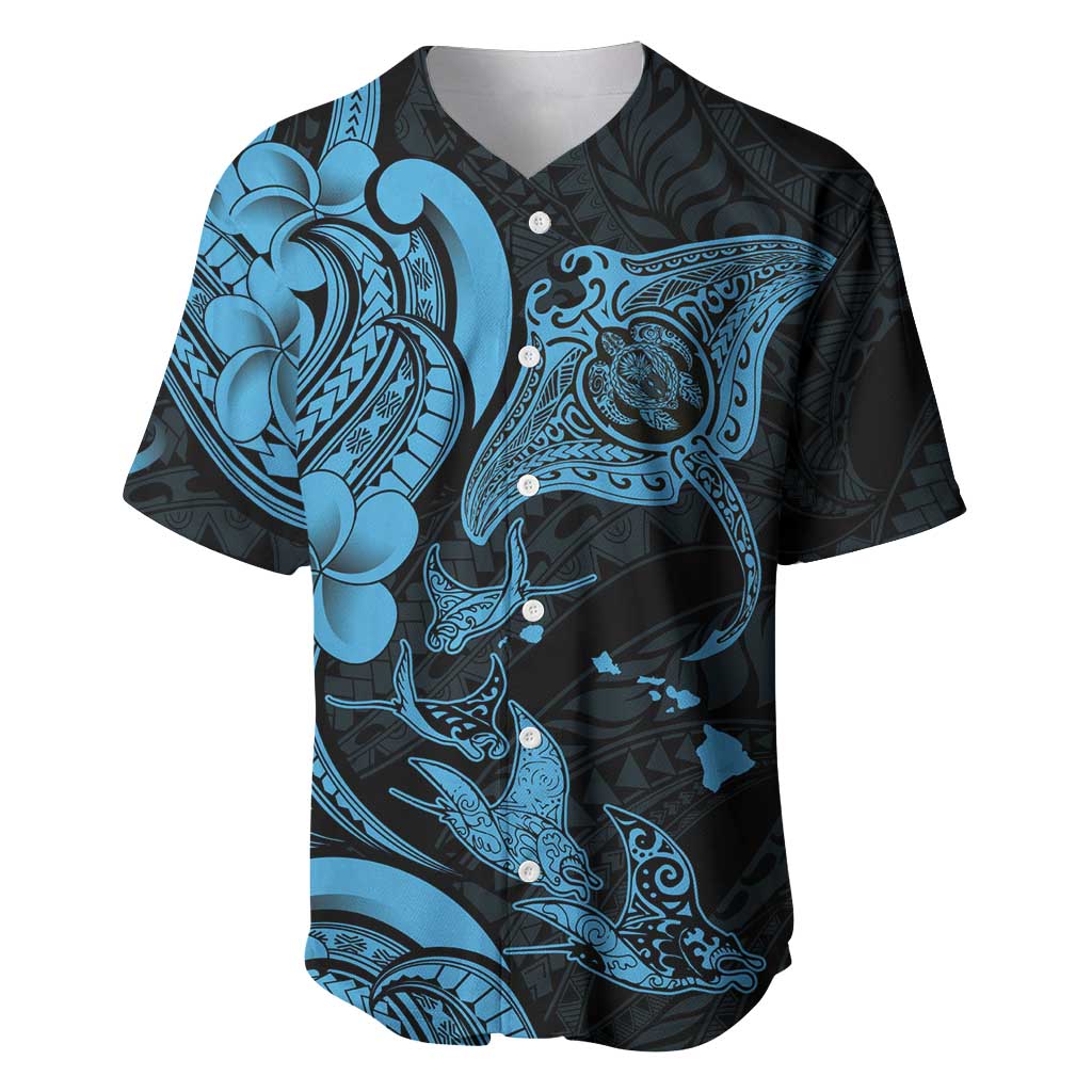 Hawaiian Manta Rays Baseball Jersey Tribal Hibiscus Polynesian Tattoos Blue Color - Polynesian Pride