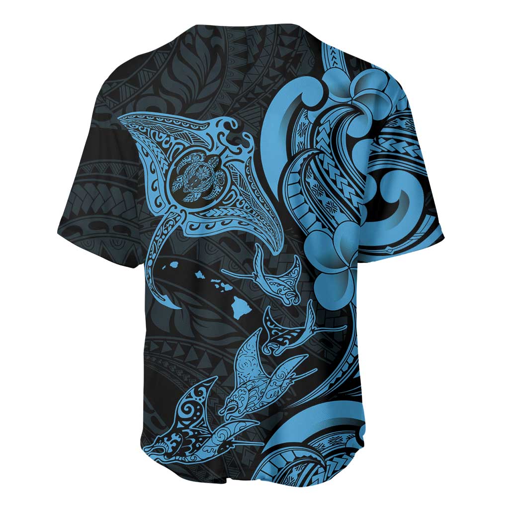 Hawaiian Manta Rays Baseball Jersey Tribal Hibiscus Polynesian Tattoos Blue Color - Polynesian Pride