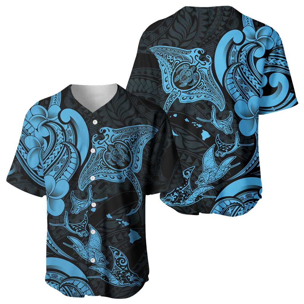Hawaiian Manta Rays Baseball Jersey Tribal Hibiscus Polynesian Tattoos Blue Color - Polynesian Pride