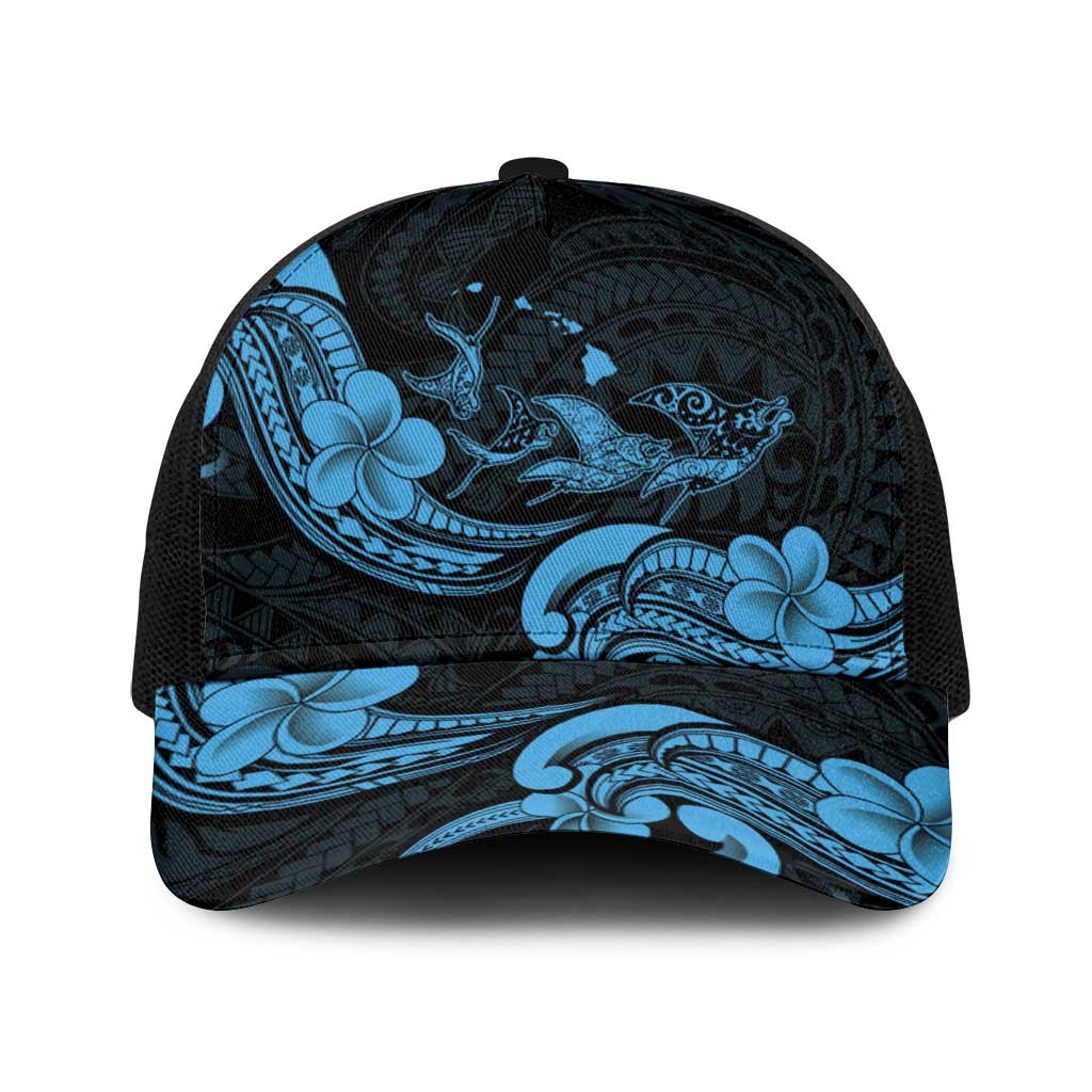 Hawaiian Manta Rays Baseball Net Cap Tribal Hibiscus Polynesian Tattoos Blue Color - Polynesian Pride