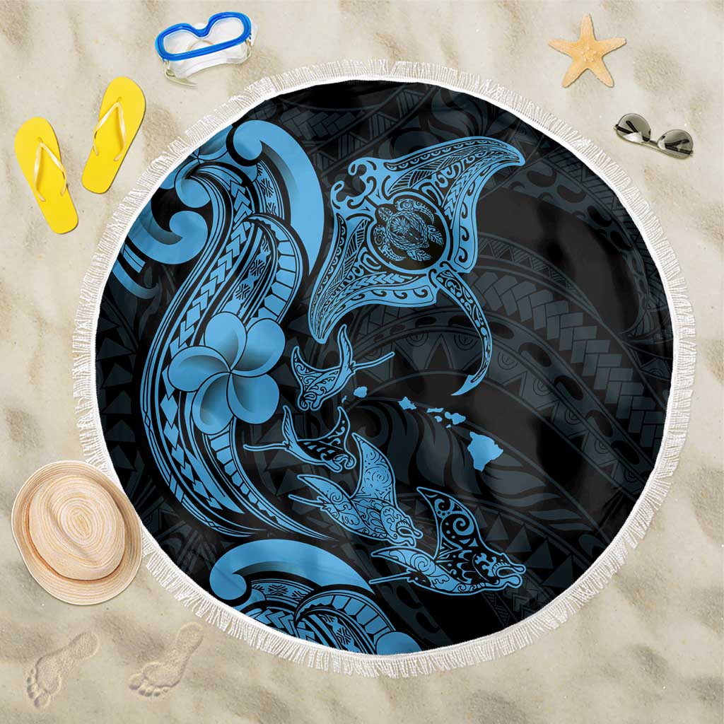 Hawaiian Manta Rays Beach Blanket Tribal Hibiscus Polynesian Tattoos Blue Color LT03 One Size 150cm Blue - Polynesian Pride
