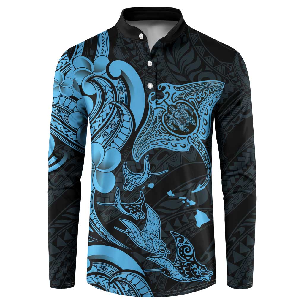 Hawaiian Manta Rays Button Sweatshirt Tribal Hibiscus Polynesian Tattoos Blue Color LT03 Blue - Polynesian Pride