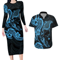 Hawaiian Manta Rays Couples Matching Long Sleeve Bodycon Dress and Hawaiian Shirt Tribal Hibiscus Polynesian Tattoos Blue Color LT03 Blue - Polynesian Pride