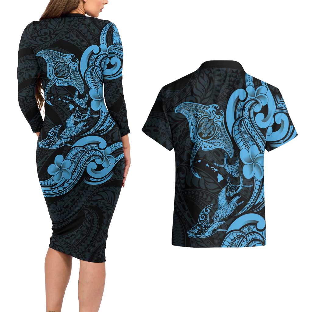 Hawaiian Manta Rays Couples Matching Long Sleeve Bodycon Dress and Hawaiian Shirt Tribal Hibiscus Polynesian Tattoos Blue Color LT03 - Polynesian Pride