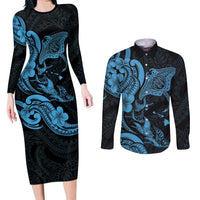 Hawaiian Manta Rays Couples Matching Long Sleeve Bodycon Dress and Long Sleeve Button Shirt Tribal Hibiscus Polynesian Tattoos Blue Color LT03 Blue - Polynesian Pride