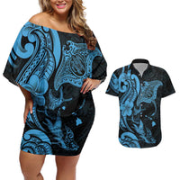 Hawaiian Manta Rays Couples Matching Off Shoulder Short Dress and Hawaiian Shirt Tribal Hibiscus Polynesian Tattoos Blue Color LT03 Blue - Polynesian Pride