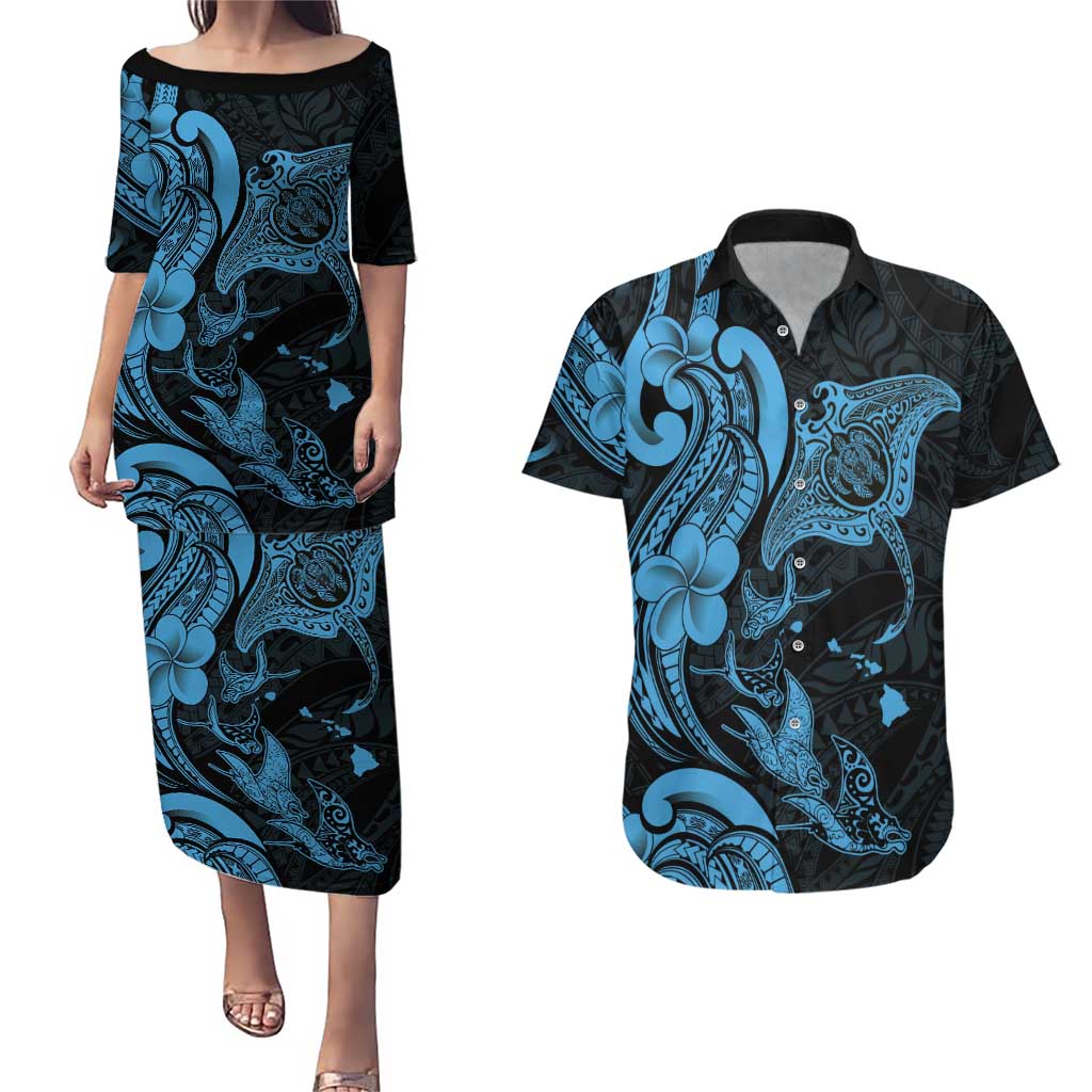 Hawaiian Manta Rays Couples Matching Puletasi and Hawaiian Shirt Tribal Hibiscus Polynesian Tattoos Blue Color - Polynesian Pride