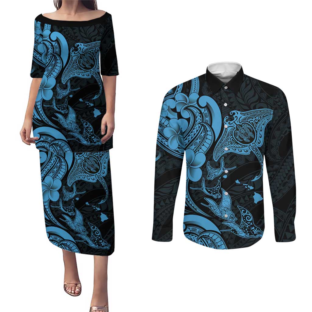 Hawaiian Manta Rays Couples Matching Puletasi and Long Sleeve Button Shirt Tribal Hibiscus Polynesian Tattoos Blue Color - Polynesian Pride