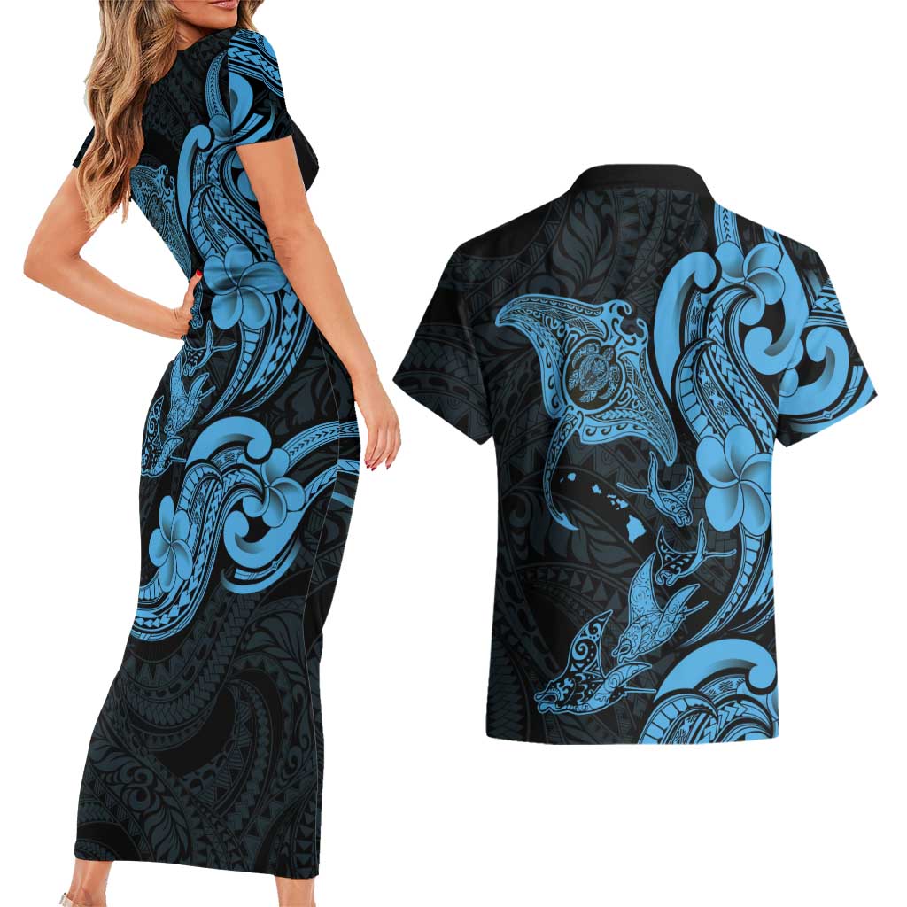 Hawaiian Manta Rays Couples Matching Short Sleeve Bodycon Dress and Hawaiian Shirt Tribal Hibiscus Polynesian Tattoos Blue Color LT03 - Polynesian Pride