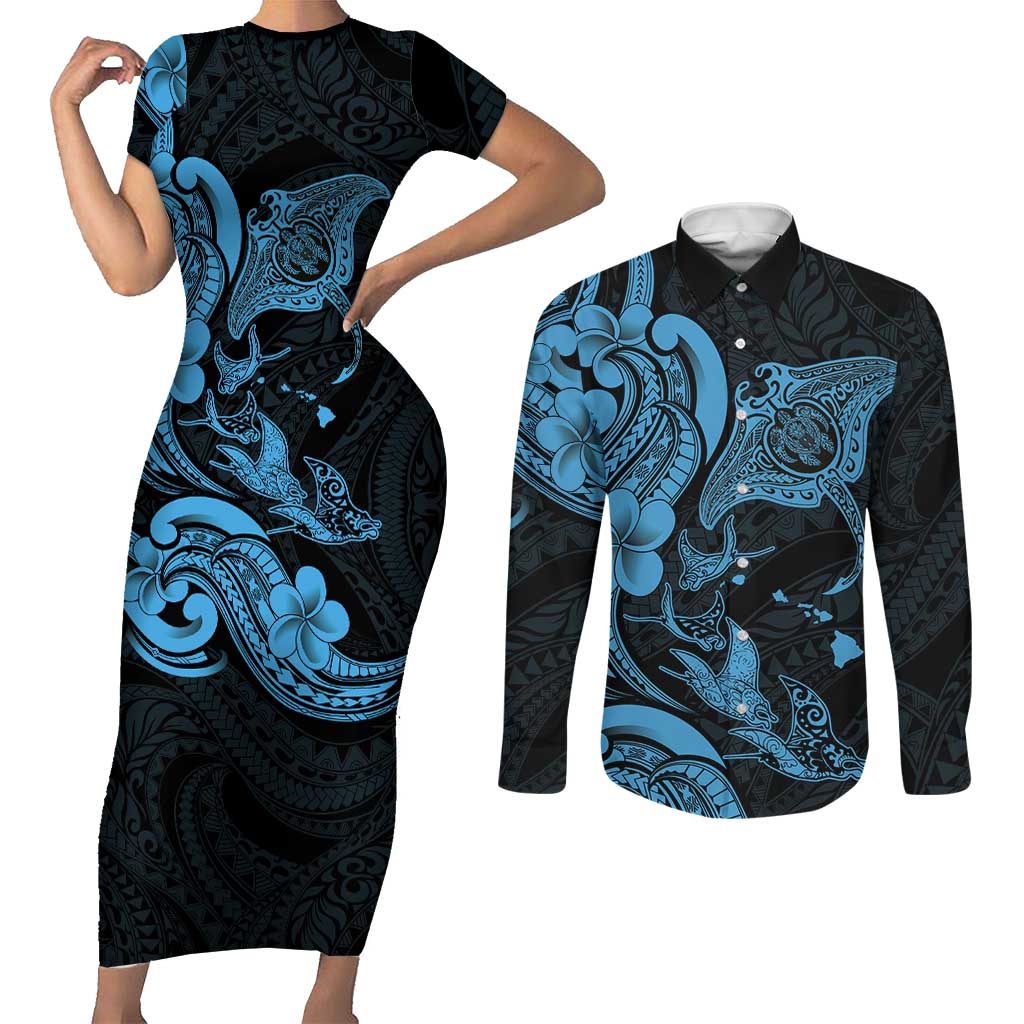 Hawaiian Manta Rays Couples Matching Short Sleeve Bodycon Dress and Long Sleeve Button Shirt Tribal Hibiscus Polynesian Tattoos Blue Color - Polynesian Pride