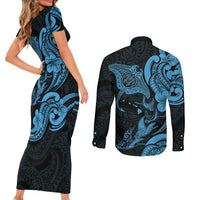 Hawaiian Manta Rays Couples Matching Short Sleeve Bodycon Dress and Long Sleeve Button Shirt Tribal Hibiscus Polynesian Tattoos Blue Color LT03 - Polynesian Pride