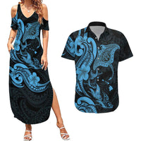 Hawaiian Manta Rays Couples Matching Summer Maxi Dress and Hawaiian Shirt Tribal Hibiscus Polynesian Tattoos Blue Color LT03 Blue - Polynesian Pride