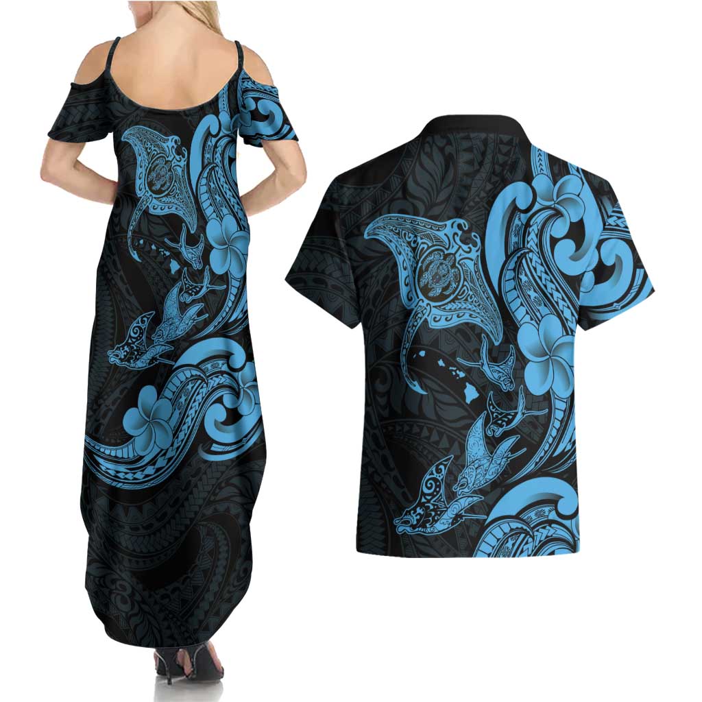 Hawaiian Manta Rays Couples Matching Summer Maxi Dress and Hawaiian Shirt Tribal Hibiscus Polynesian Tattoos Blue Color LT03 - Polynesian Pride