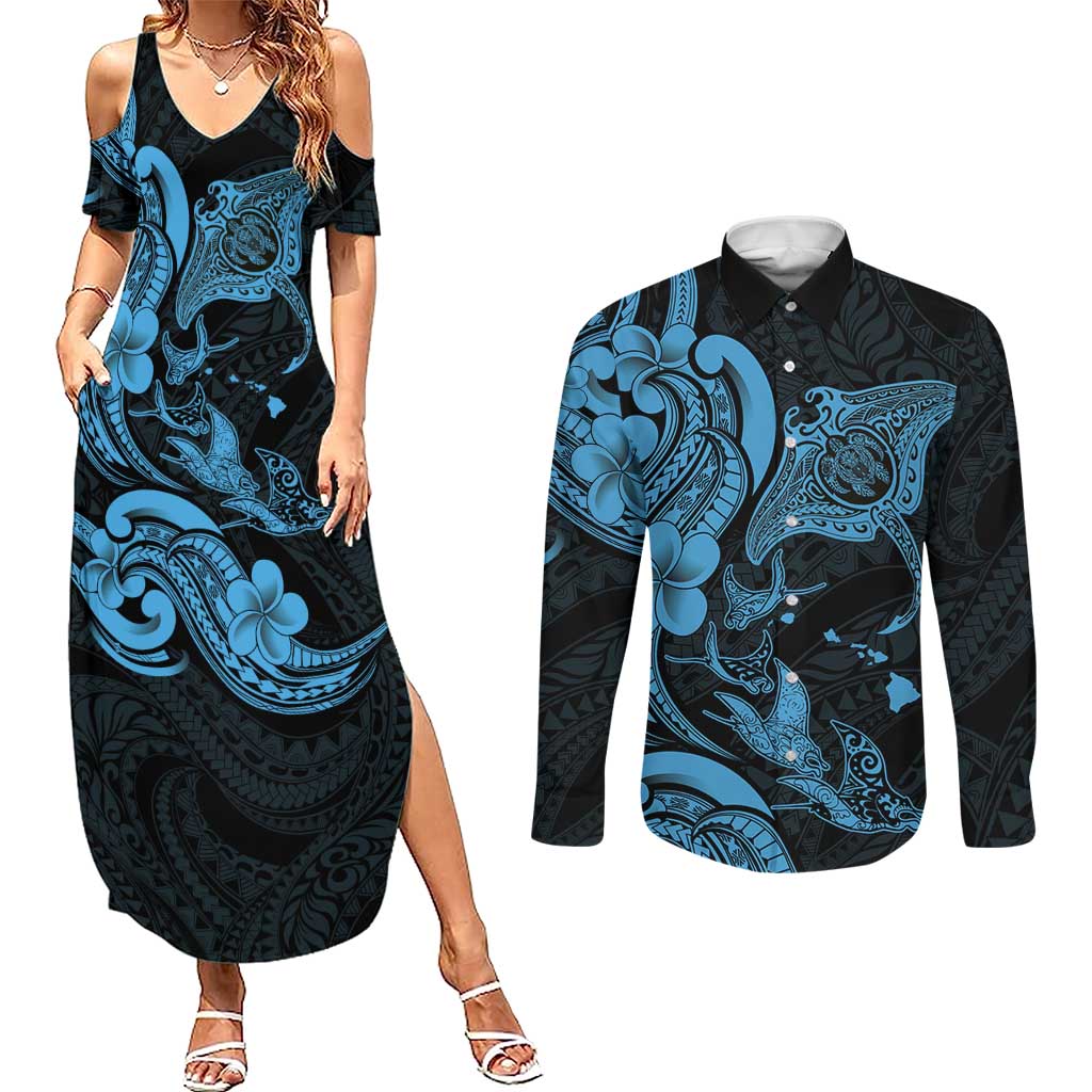 Hawaiian Manta Rays Couples Matching Summer Maxi Dress and Long Sleeve Button Shirt Tribal Hibiscus Polynesian Tattoos Blue Color - Polynesian Pride