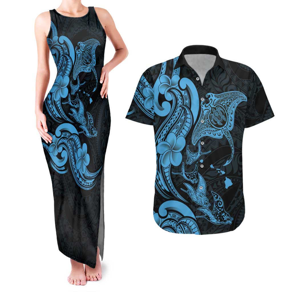 Hawaiian Manta Rays Couples Matching Tank Maxi Dress and Hawaiian Shirt Tribal Hibiscus Polynesian Tattoos Blue Color - Polynesian Pride